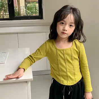 Осенняя новинка, круглый вырез для девочек, универсальная детская одежда в корейском стиле неправильной формы, в полоску, с длинными рукавами