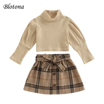 Осенняя одежда Для девочек Blotona Kids, Трикотажные топы с длинными рукавами и эластичной Повседневной юбкой в клетку с поясом в рубчик, 18 месяцев-6 лет