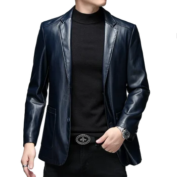 Осень 2021, новый костюм, кожаная куртка, мужская куртка в деловом стиле, мужская приталенная кожаная куртка, кожаный костюм для мужчин