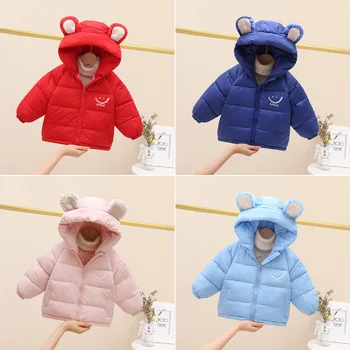 Осень-зима 2023, Новая корейская версия Детской пуховой хлопчатобумажной куртки для мальчиков и девочек, пальто с мультяшными буквами, верхняя одежда на молнии для младенцев