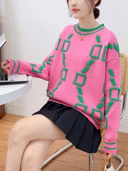 Осень-зима, новинка 2023 года, модный вязаный пуловер с V-образным вырезом и надписью, свободный свитер большого размера с длинными рукавами для женщин, женская одежда