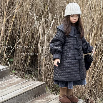 Пальто для девочек Зимнее Новое Пальто 2023 Детская Корейская Версия Design Sense С Большим Отворотом, Стеганый Зажим, Хлопковое Качественное Пальто с хлопковой подкладкой