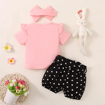 Пасхальные наряды для новорожденных девочек, футболка с принтом кролика, шорты в горошек, повязка на голову, комплект летней одежды из 3 предметов, комплект летней одежды из 3 предметов