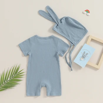 Пасхальный наряд для новорожденных мальчиков и девочек, комбинезон с капюшоном из рубчатого трикотажа с короткими рукавами и шапкой с заячьими ушками, летняя одежда для новорожденных