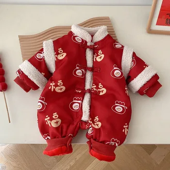 Первый Рождественский комбинезон для мальчика, флисовая теплая зимняя одежда для новорожденных девочек, новогодний детский комбинезон в китайском стиле