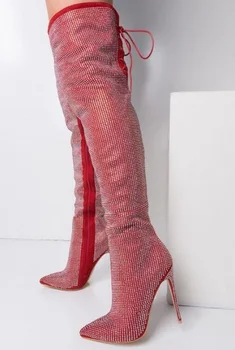 Пикантные красные сапоги выше колена с украшением в виде кристаллов, женские высокие облегающие сапоги с острым носком, на молнии сбоку, сзади, на шнуровке