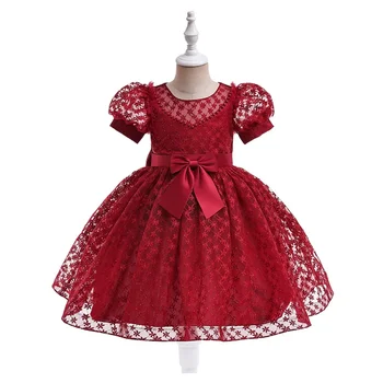 Платье для девочек с пышными рукавами, элегантное платье с кружевным бантом для девочек, одежда принцессы 3-10 лет, детское праздничное платье на день рождения
