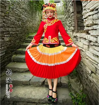 Платье для этнических танцев Yi, женская плиссированная юбка, этнический стиль, одежда этнических меньшинств