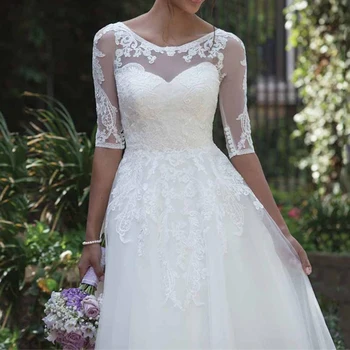 Платье невесты с овальным вырезом 2023, Рукава наполовину кружевные, Сзади на пуговицах, Свадебные платья С аппликациями, Чайная длина, Vestido De Novia