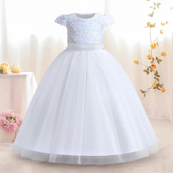 Платье принцессы для девочек-подростков от 5 до 14 лет, элегантные белые длинные вечерние платья, Детское свадебное вечернее платье с пайетками для выпускного вечера