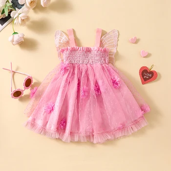 Платье принцессы для маленьких девочек без рукавов с 3D цветами, праздничное платье, Детский костюм феи с крыльями