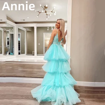 Платья для выпускного вечера с 3D Ручной Аппликацией Annie, Несколько Слоев Высокого И Низкого Тюля, Вечернее платье С V-образным вырезом, Светло-голубое 2023, Vestidos De Noche