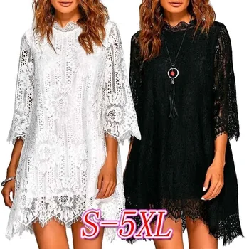 Плюс размер S-5XL Женское Белое Черное кружевное платье, модное повседневное Элегантное Свободное платье с длинным рукавом 3/4, весна-осень