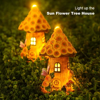 Поделка миниатюрного домика со светодиодной подсветкой на солнечных батареях, Садовая фея, уличная дорожка, Солнечный цветок, Рождественский светильник из смолы, украшение коттеджа