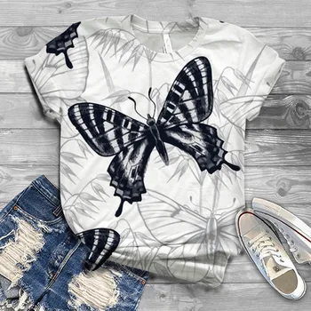 Популярные женские футболки, модный 3D принт в виде бабочек, повседневные уличные топы с короткими рукавами, камуфляж в нишевой расцветке.