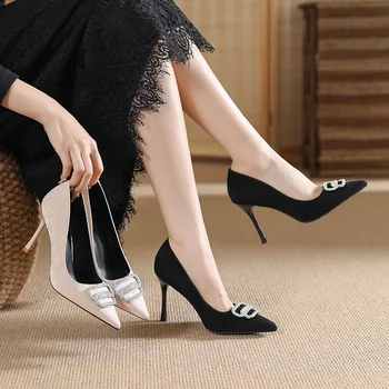 Размер 30-44, женские туфли-лодочки на высоком каблуке-шпильке, замшевые туфли-лодочки с острым носком, однотонные черные туфли на тонком каблуке