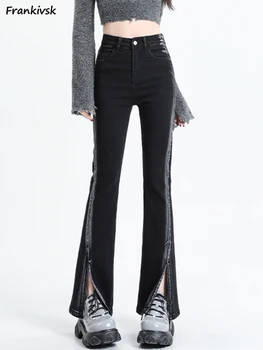Расклешенные джинсы Женские Весенние в корейском стиле, приталенная уличная одежда полной длины, Удобная универсальная однотонная модная повседневная шапка с высокой талией и разрезом