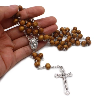 Ретро Деревянные Четки Ожерелье для женщин Крест Иисус Кулон Религиозные Подарки H58C