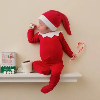 Рождественская одежда для новорожденных, комбинезон с Сантой, комплект реквизита для фотосессии, костюмы, красные ползунки, наряд Эльфа, Пижамный комплект, Эластичный