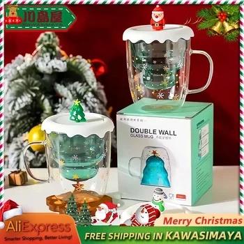 Рождественская чашка для воды KAWASIMAYA из двойного стекла, женский креативный подарок для дома высокого качества, чашка для кофе и молока с крышкой