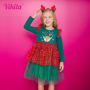 Рождественские платья VIKITA для девочек с развевающимися рукавами, детское Новогоднее Платье с рисунком Лося, расшитое блестками, Детские Праздничные Платья принцессы-пачки