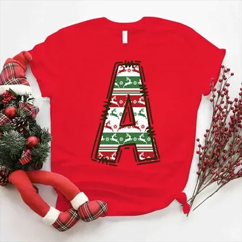 Рождественский рисунок с алфавитом, красная футболка для женщин, модная одежда для новогодних вечеринок, Рождественская футболка в стиле харадзюку с коротким рукавом, женская футболка