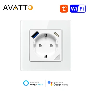 Розетка Wi-Fi стандарта ЕС AVATTO, Умная розетка Tuya с зарядкой USB / Type-C, дистанционное управление приложением, Работа для Alexa Google Home