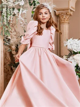 Розовое атласное платье в цветочек для девочки с бантом, свадебное элегантное платье в цветочек для первой Евхаристии, праздничное платье на день рождения для девочки
