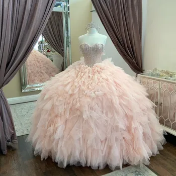 Розовое роскошное бальное платье, пышные платья, вечернее многоуровневое сексуальное вечернее платье без бретелек с кристаллами, расшитое бисером