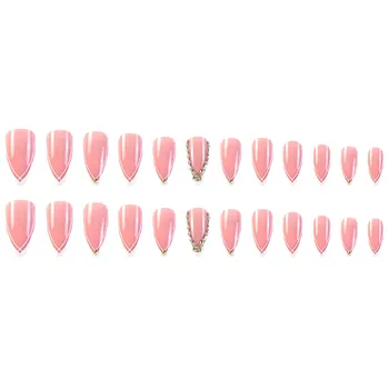 Розовые миндальные накладные ногти с белым декором по краю, милые и очаровательные многоразовые накладные ногти для выступлений на сцене