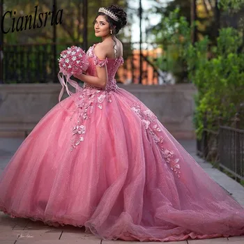 Розовый корсет с открытыми плечами, пышные платья, бальное платье, кружево с 3D цветами, Сладкие 15 праздничных платьев XV Века