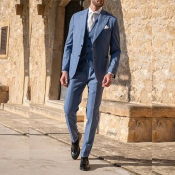 Роскошные мужские костюмы синего цвета, полный комплект, Элегантная мужская одежда в стиле Smart Casual, однобортный, с зубчатым лацканом, куртка, брюки, жилет из 3 предметов, 2023 г.
