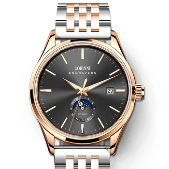 Роскошные мужские часы Lobinni 40,5 мм, автоматические механические наручные часы, водонепроницаемая сапфировая застежка-бабочка, 24 часа, Дата, Солнечно-лунный циферблат