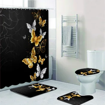 Роскошные украшения с летающими бабочками из черного золота, Набор занавесок для душа в ванную комнату, Элегантный Декор коврика для ванной с бабочками в стиле Фэнтези