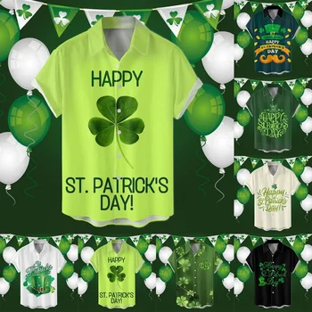 Рубашки с буквенным принтом в честь Дня Святого Патрика, Мужская рубашка, Зеленая Блузка в честь Ирландского национального праздника, Топ с короткими рукавами и отворотом, Камзолы Clover Hombre