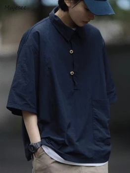 Рубашки с коротким рукавом, японский стиль, однотонная универсальная модная мешковатая простая дышащая мягкая повседневная мужская одежда для отдыха в стиле харадзюку