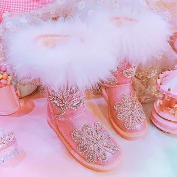 сапоги с украшением из меха розовой лисы, теплые сапоги из коровьей замши для девочек, роскошная обувь в стиле Таиланда с кристаллами, женская зимняя новинка 2022 года