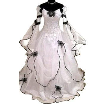 Свадебное платье А-силуэта в Готическом стиле Большого размера в Викторианском стиле с Длинными рукавами и Черным Кружевным корсетом Сзади, Свадебное платье со шлейфом