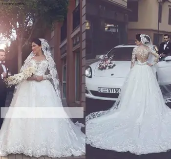 Свадебное платье из Саудовской Аравии Новое Прозрачное свадебное платье трапециевидной формы с круглым вырезом и иллюзией спины, кружевное свадебное платье с длинными рукавами, сшитое на заказ Vestido De noiva