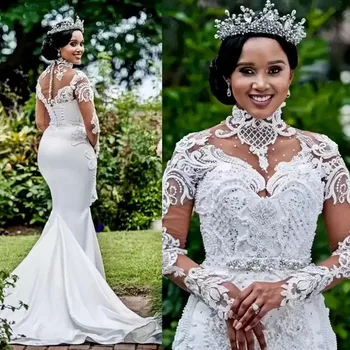 Свадебные платья Русалки с длинным рукавом, высокий вырез, Африканское Нигерийское кружевное платье с кристаллами, Арабское платье Aso Ebi Princess для свадебного приема