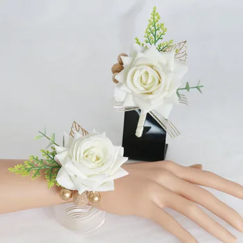 Свадебный корсаж, украшение запястья искусственными цветами, бутоны роз, лента на запястье для вечеринки, браслеты из искусственных цветов, Рождество