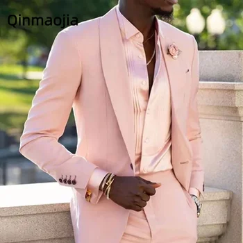 Свадебный смокинг с розовой шалью и лацканами, Приталенный Мужской костюм из 2 предметов с брюками, Африканский мужской модный костюм, Последний стиль