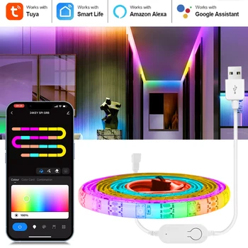 Светодиодная лента USB TUYA Smart Life WiFi Гибкая лента 5V RGBIC, изменяющая цвет окружающего освещения, работает с Alexa Google Home