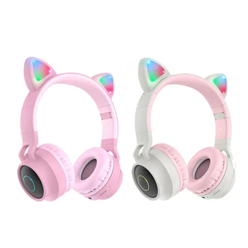 Светодиодные наушники с кошачьими ушками, шумоподавляющая гарнитура Bluetooth 5.0 Для взрослых и детей, поддержка TF-карты, FM-радио с микрофоном, беспроводное + проводное