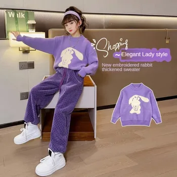 Свитер для девочек 3-14 лет с рисунком мультяшного Кролика, повседневный модный Фиолетовый свитер, зимняя одежда для девочек в корейском стиле
