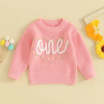 Свитер на Первый день рождения для маленькой девочки, повседневный пуловер с длинным рукавом и круглым вырезом с вышивкой букв, вязаный пуловер в рубчик, свитер, одежда для малышей