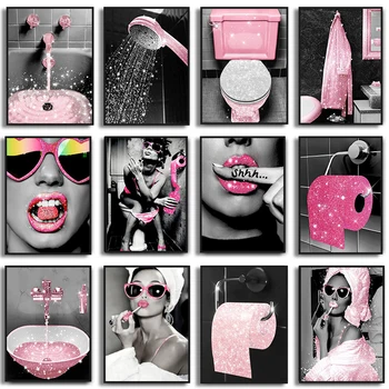 Сексуальная женская мода WC Плакат на стену в туалете, картина на холсте, Розовая блестящая рулонная бумага, принты для ванной комнаты, декоративные картинки