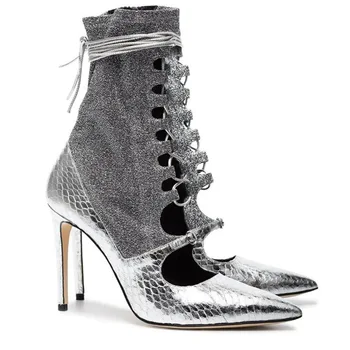 Серебристые Короткие Ботильоны С вырезами и ремешками Туфли-лодочки на высоком каблуке Женская обувь с пряжкой Botas Mujer Botines Para С Острым Носком Botte Femme