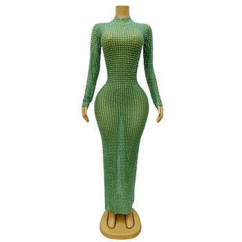 Серебряные Стразы с длинными рукавами, Зеленое Сетчатое прозрачное платье, Сексуальный Эластичный наряд для танцев, прозрачный костюм с камнями