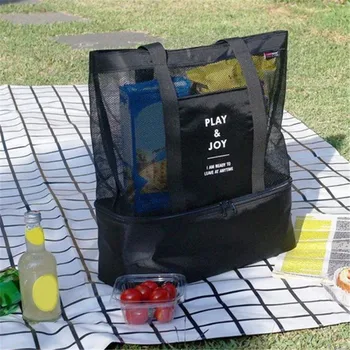 Сетчатая прозрачная сумка большой емкости, двухслойная, сохраняющая тепло, Большие пляжные сумки для пикника, сумка для офисных обедов, сумка для закусок